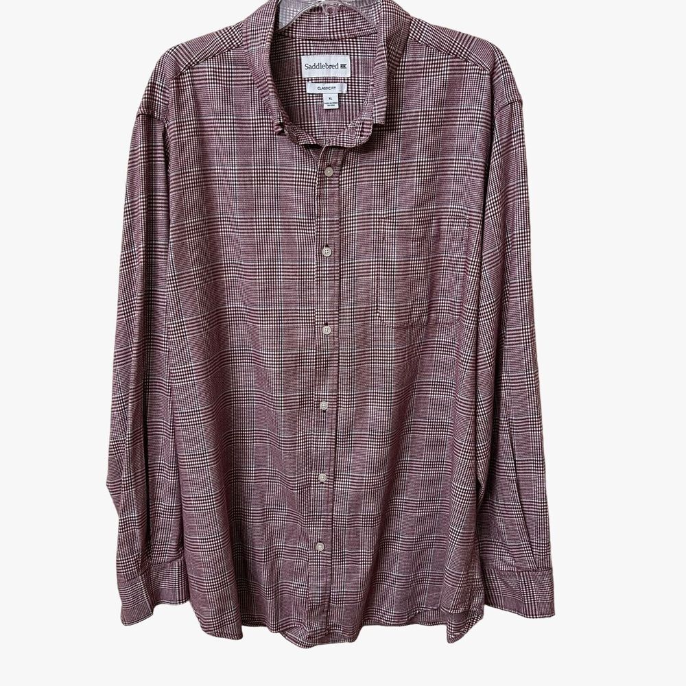 Saddlebred Button Down Shirt Mens XL Burgundy Small Check Pattern Button Collar